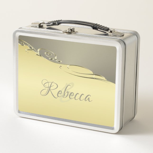Luxury gold metal decorative on gold and silver metal lunch box (Front)