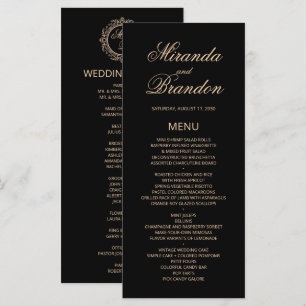 Luxury Gold Monogram Black Wedding Menu Card