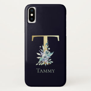 Luxury Gold Monogram Letter T Floral Blue Name Case-Mate iPhone Case