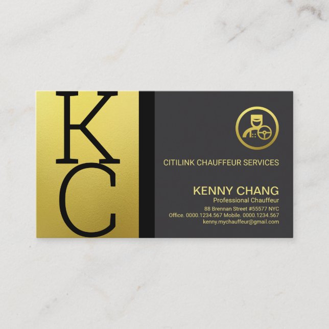 Luxury Gold Monogram Modern Professional Chauffeur Business Card (Front)