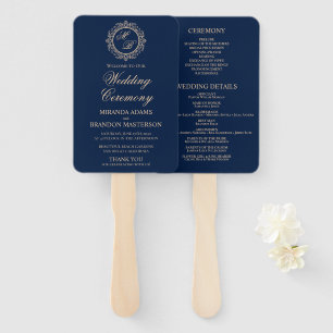 Luxury Gold Monogram Navy Blue Wedding Program Hand Fan
