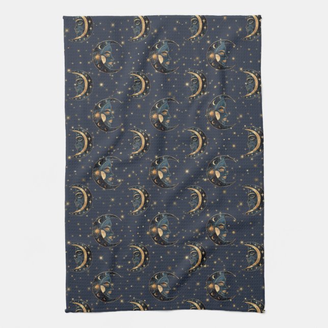 Luxury Gold Moon Celestial Pattern Kitchen Towel (Vertical)