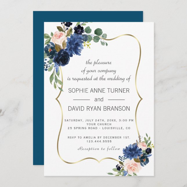 Luxury Gold Navy Blue Blush Flowers Bloom Wedding Invitation (Front/Back)