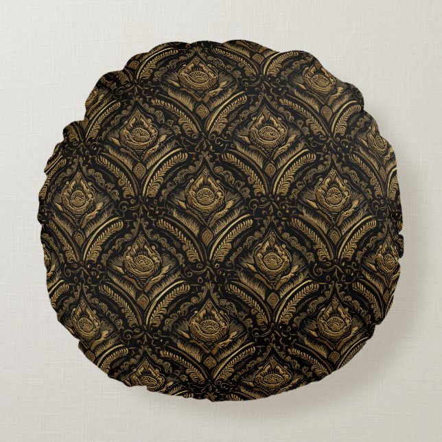 Luxury Gold Ornamental Damask Pattern Round Pillow (Front)