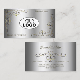 Luxury Gold Ornate Corners Add Logo Elegant Silver Business Card