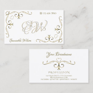 Luxury Gold Ornate Corners Initials on Plain White Business Card