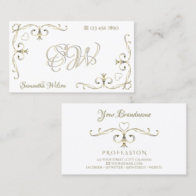 Luxury Gold Ornate Corners Initials on Plain White Business Card (Front/Back)