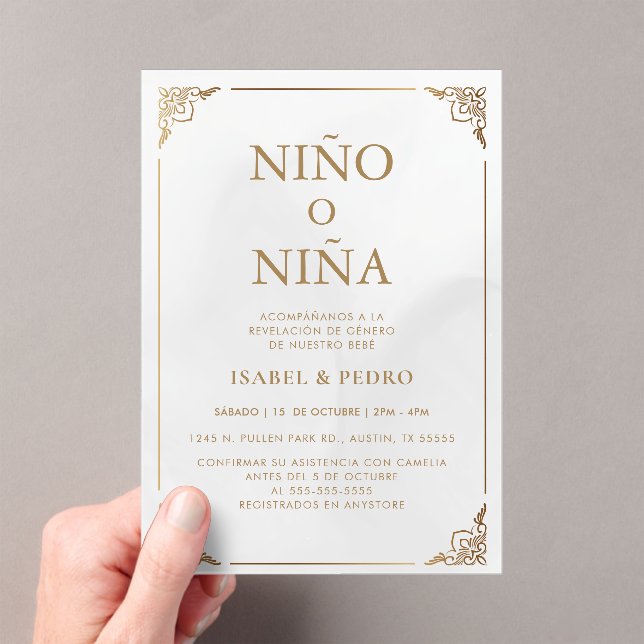  Luxury Gold Ornate Cream Spanish Gender Reveal Acrylic Invitations (Insitu (Handheld))