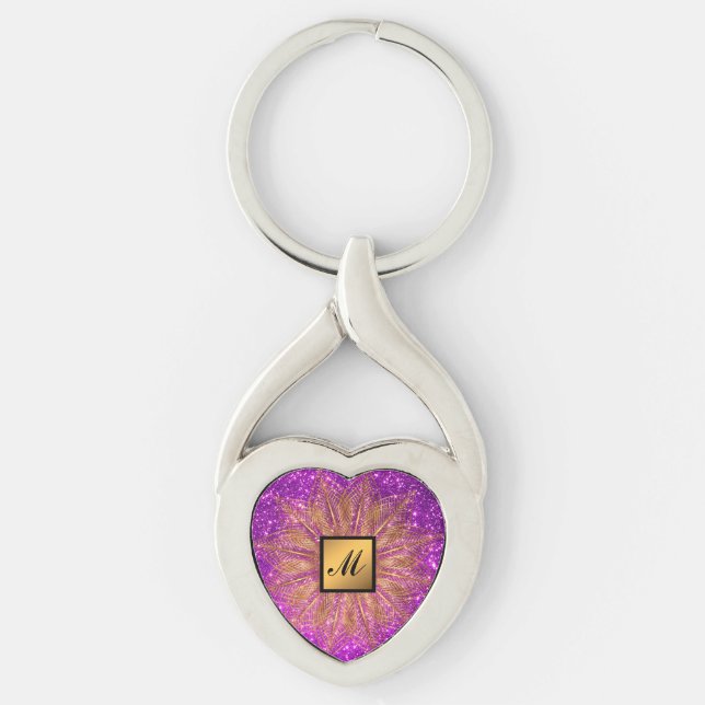 Luxury Gold Purple Glitter Monogrammed Gift Keychain (Front)