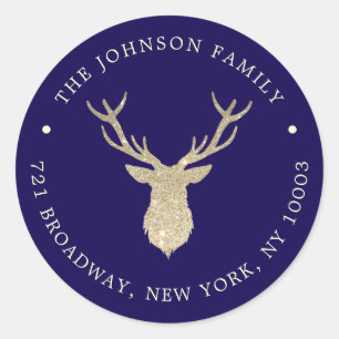 Luxury Gold Reindeer Blue Christmas Return Address Classic Round Sticker