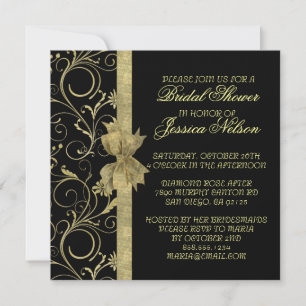 Luxury Gold Ribbon Damask Black Shower Invite