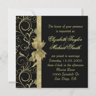 Luxury Gold Ribbon Damask Black Wedding Invite
