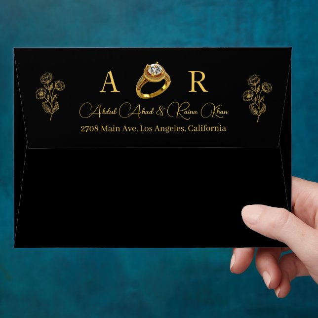 Luxury Gold Ring Black Wedding Engagement Initials Envelope (Hand)