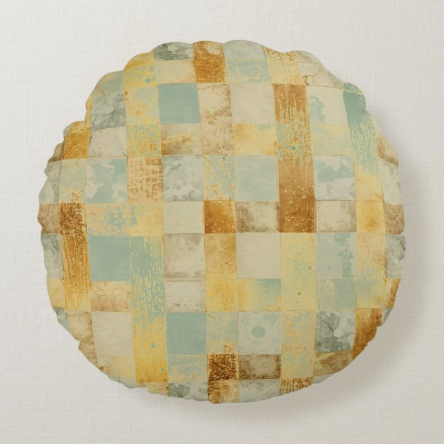Luxury, Gold Sage Checkered Pattern, Modern Round Pillow (Front)