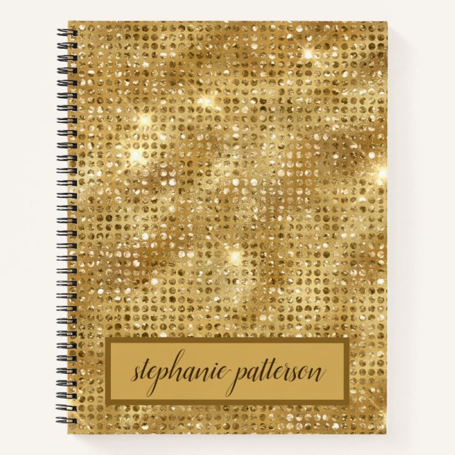 Luxury Gold Shimmering Sequins Custom Name Notebook (Front)