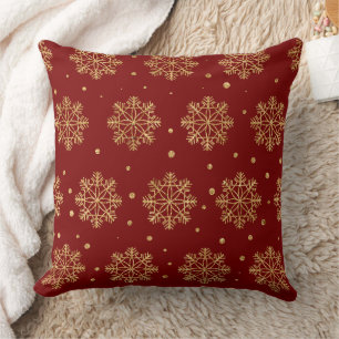 Luxury Gold Snowflake Crimson Red Christmas Throw Pillow