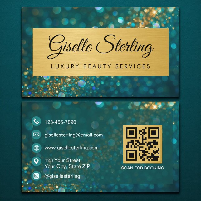 Luxury Gold Teal Opal Glitter QR Code Business Card (Creator Uploaded)