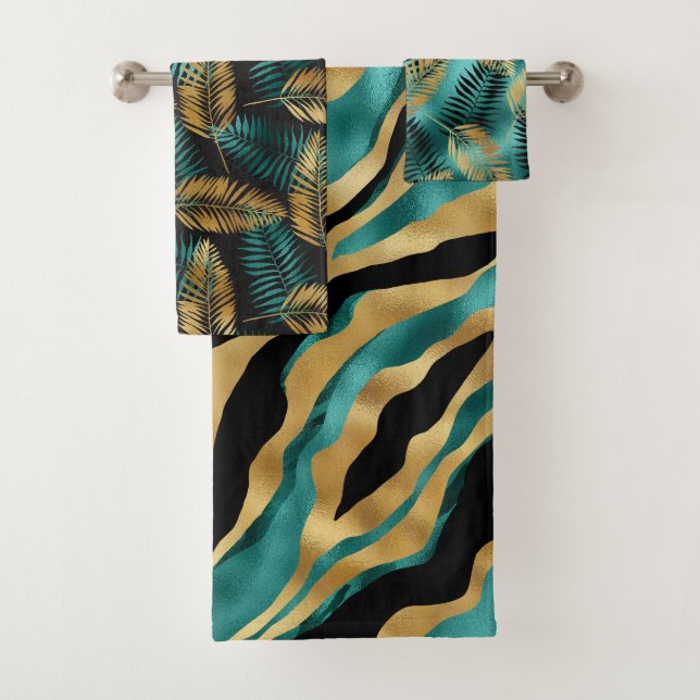 Luxury Gold Teal Tiger Stripe & Tropical Leaves (En situation)