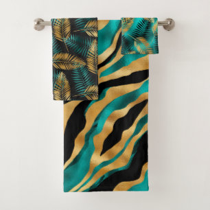 Luxury Gold Teal Tiger Stripe & Tropical Leaves Bath Towel Set