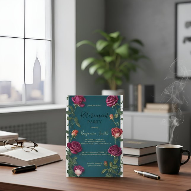 Luxury Gold Text Dark Turquoise Rose Retirement In Invitation (Creator Uploaded)