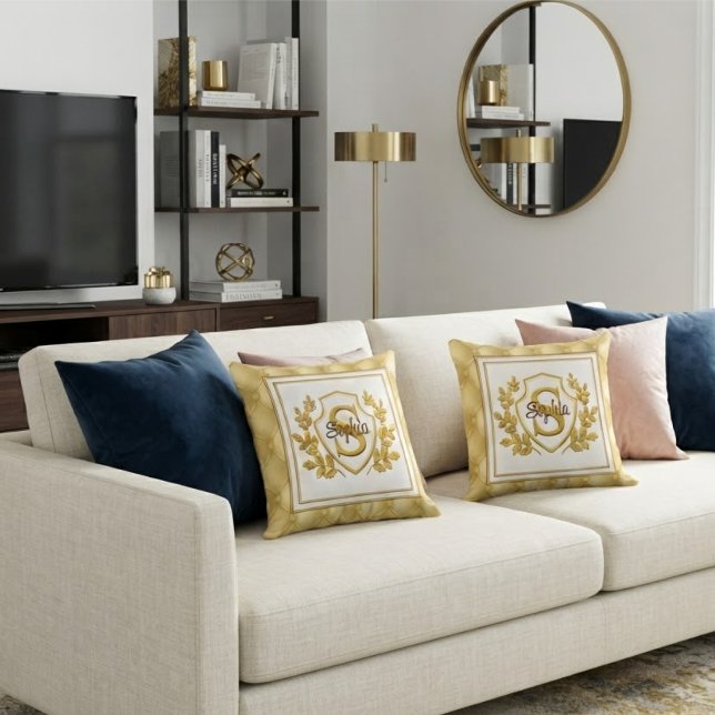 Luxury Gold Tufted Monogram Crest Custom Name Throw Pillow (Creator Uploaded)