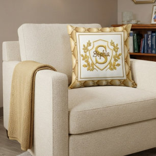 Luxury Gold Tufted Monogram Crest Custom Name Throw Pillow