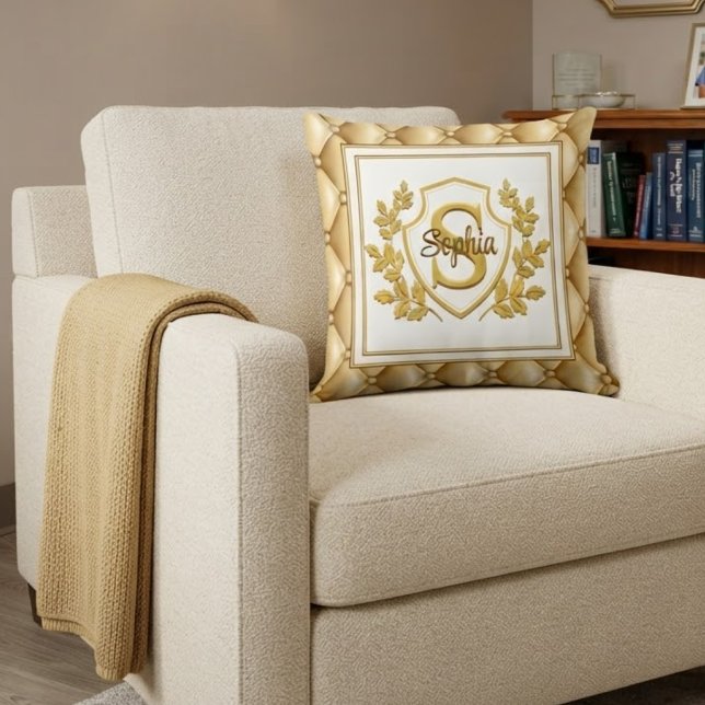Luxury Gold Tufted Monogram Crest Custom Name Throw Pillow (Creator Uploaded)