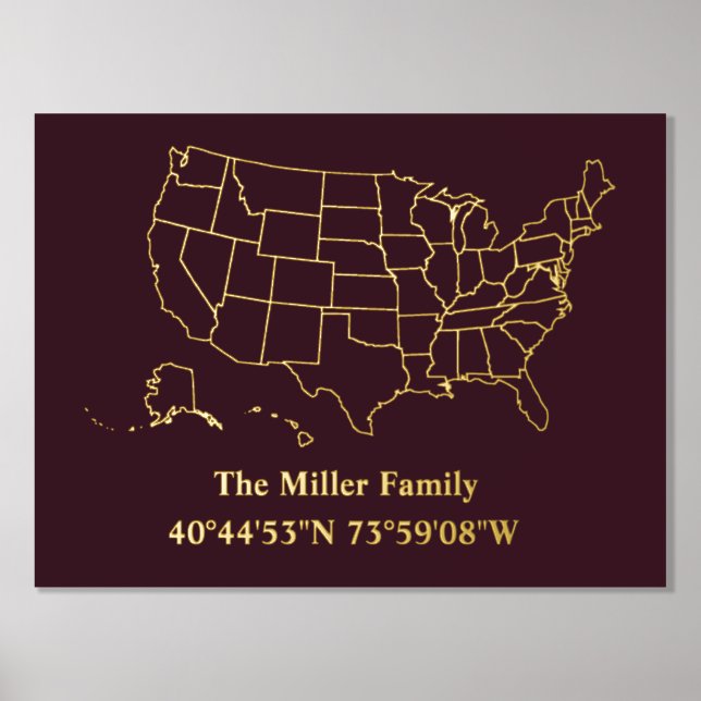 luxury gold US map longitude latitude home real Foil Prints (Front)