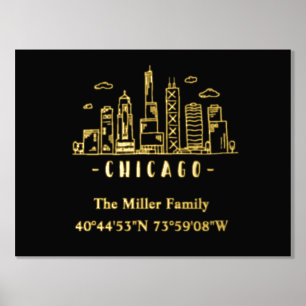 luxury gold US skyline longitude latitude Chicago Foil Prints