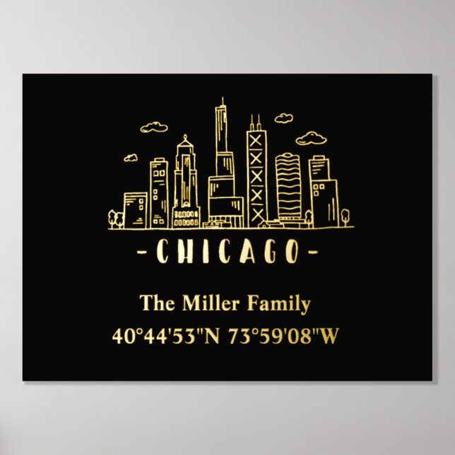 luxury gold US skyline longitude latitude Chicago Foil Prints (Front)
