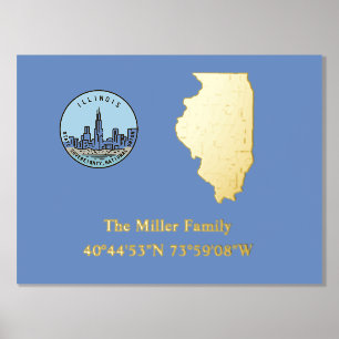 luxury gold US State longitude latitude Illinois Foil Prints
