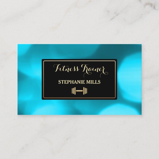 Luxury Gold Weight Aqua Blue Bokeh Fitness Trainer Business Card (Front)