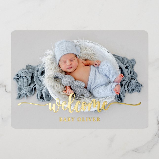Luxury Gold Welcome Baby Boy Birth Announcement (Front)