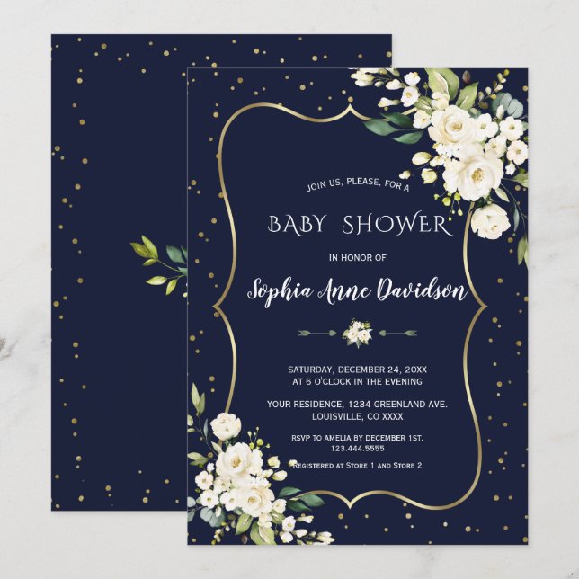 Luxury Gold White Flowers Navy Blue Baby Shower Invitation (Front/Back)