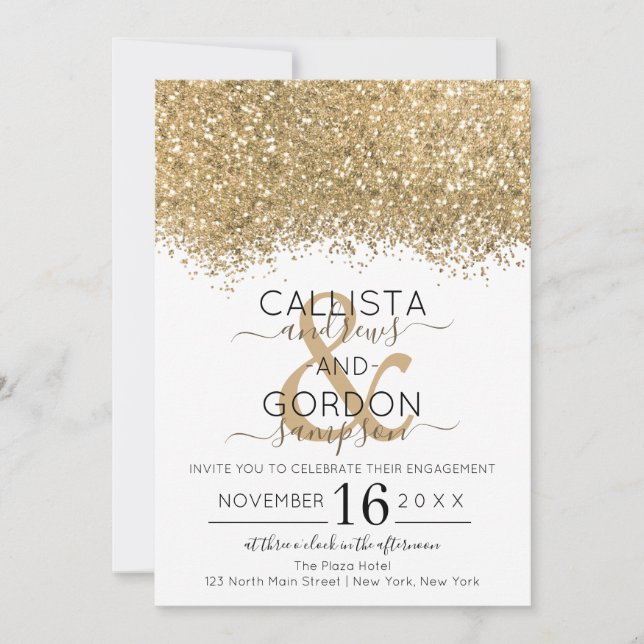 Luxury Gold White Glitter Confetti Engagement Invitation (Front)