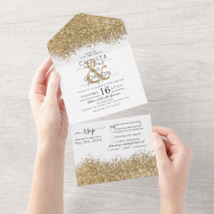 Luxury Gold White Glitter Confetti Wedding All In One Invitation
