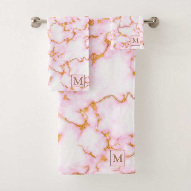 Luxury Gold White Marble Monogrammed Bath Towel Set (Insitu)