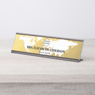 Luxury Gold World map travel agency with logo Desk Name Plate