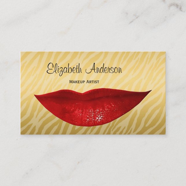 Luxury Gold Zebra Hot Red Lips Cosmetologist Business Card (Front)