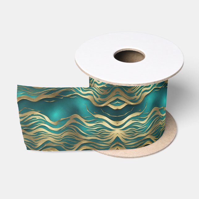 Luxury Golden Beige Swirl Turquoise Teal Blue  Satin Ribbon (Spool)