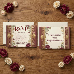 Luxury Golden Burgundy Rose Vintage Ornate Wedding RSVP Card