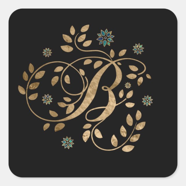 Luxury Golden Calligraphy Monogram with letter B Square Sticker (Front)