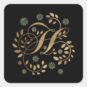 Luxury Golden Calligraphy Monogram with letter H Square Sticker
