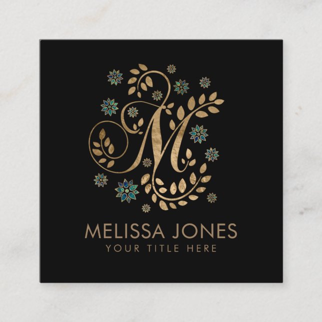 Luxury Golden Calligraphy Monogram with letter M Square Business Card (Front)