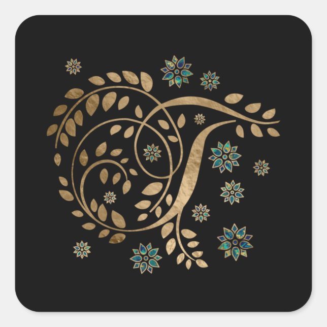 Luxury Golden Calligraphy Monogram with letter T Square Sticker (Front)