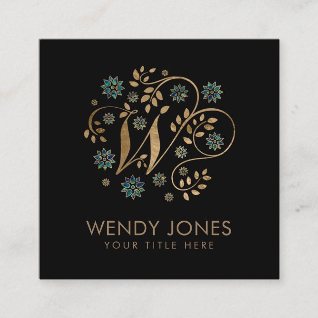 Luxury Golden Calligraphy Monogram with letter W Square Business Card (Front)
