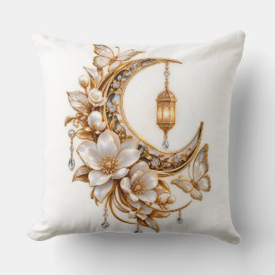 Luxury Golden Crescent Moon and Pearl Lantern Flor Throw Pillow