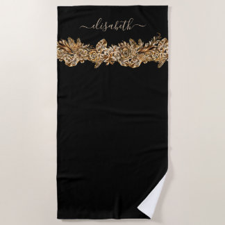    Luxury Golden Flowers Elegant Chic Classy Black Beach Towel