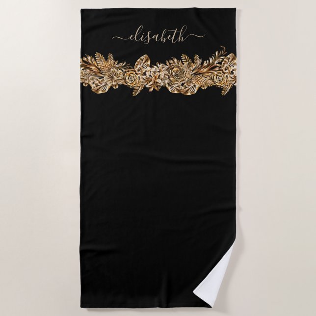    Luxury Golden Flowers Elegant Chic Classy Black Beach Towel (Front)