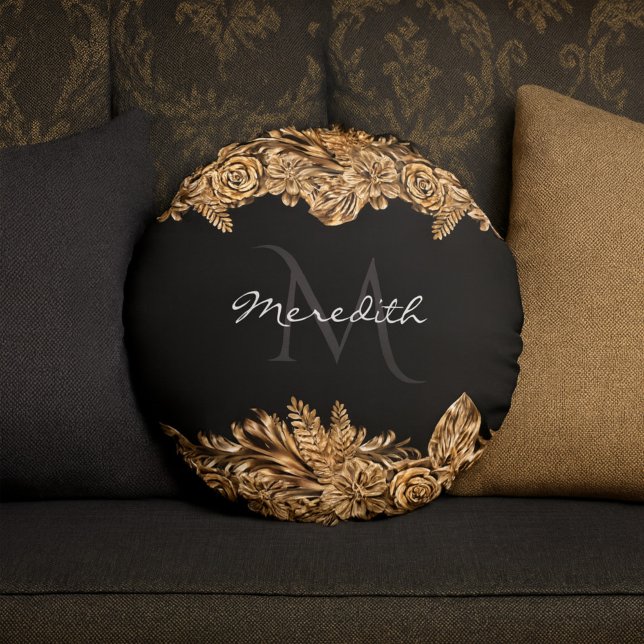    Luxury Golden Flowers Elegant Chic Classy Black Round Pillow (Creator Uploaded)